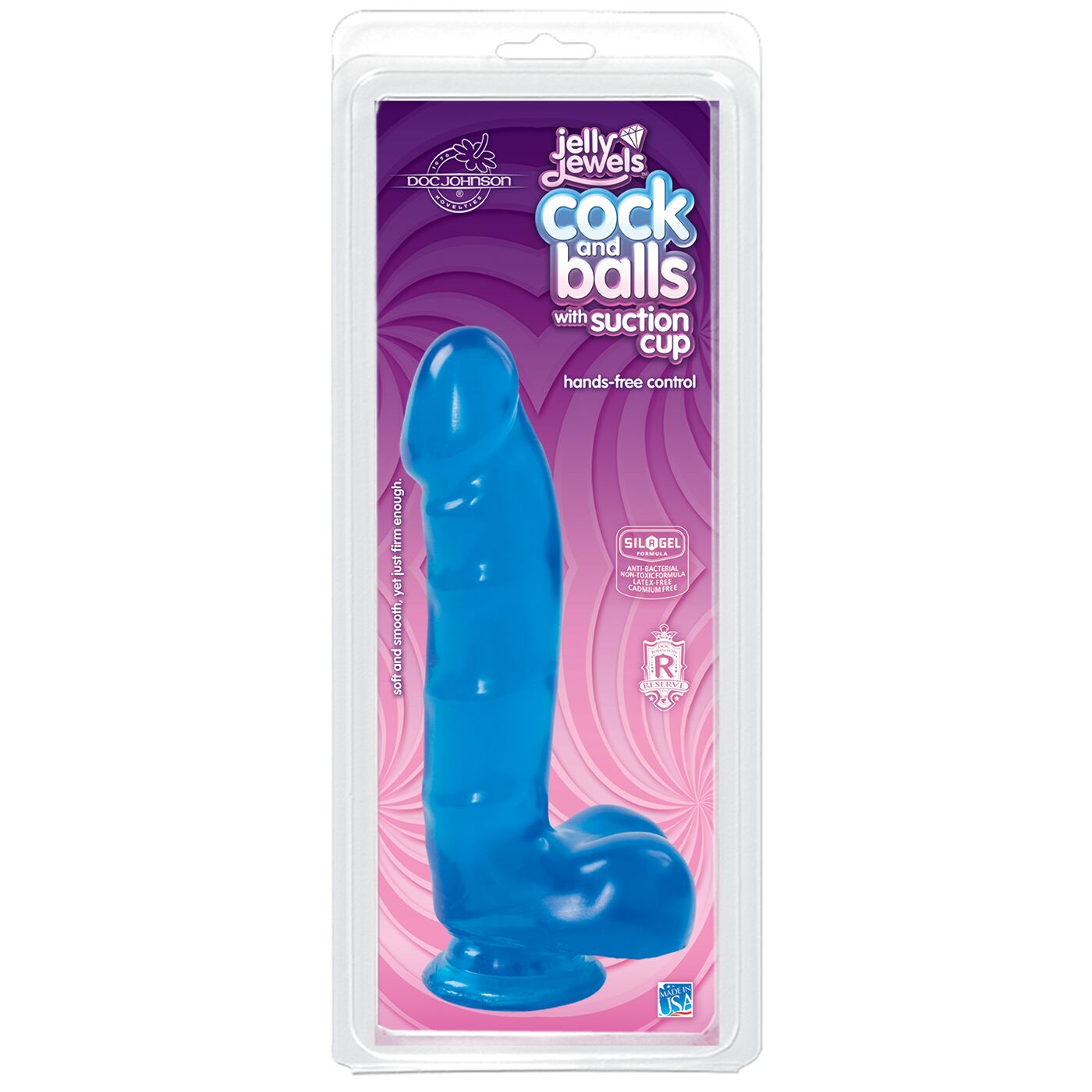 Фалоімітатор Doc Johnson Jelly Jewels Cock & Balls Blue, діаметр 3,6 см, антибактеріальний ПВХ